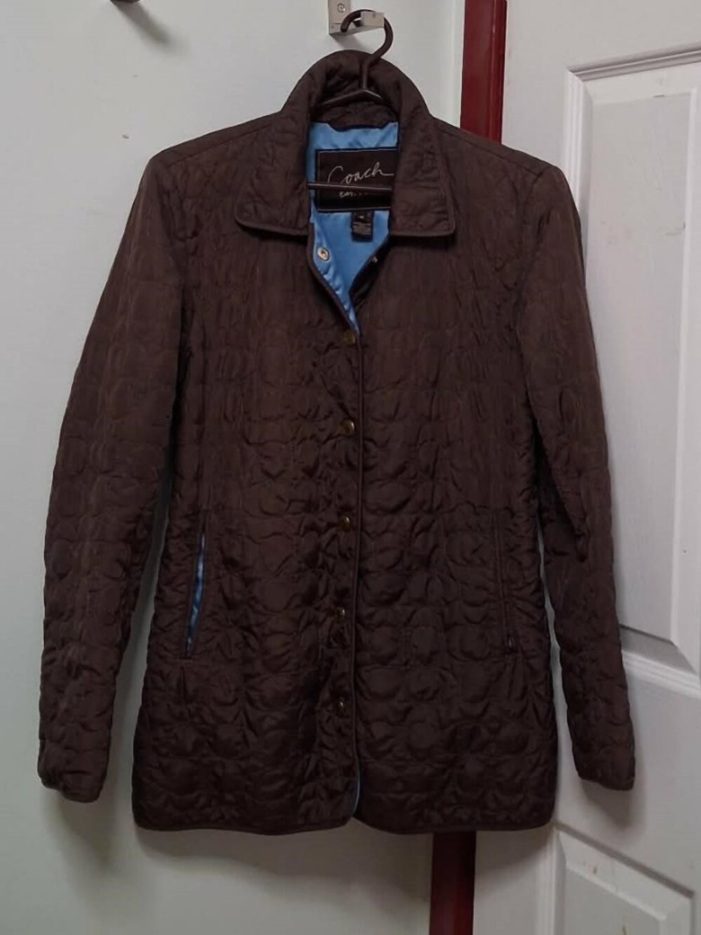 COACH Signature C Quilted Barn Jacket Brown Blue Satin Lining Gold Buttons M